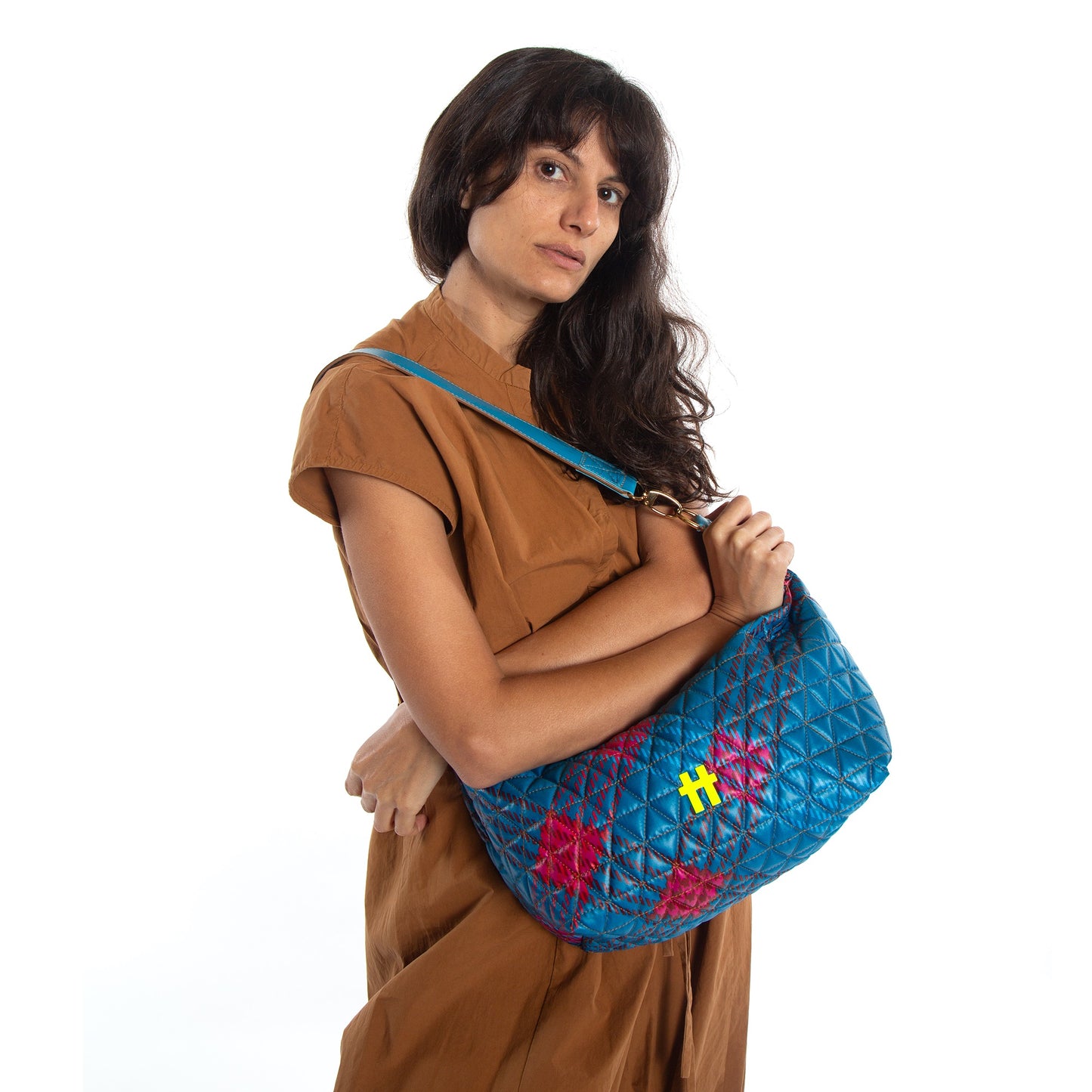 Bolsa Media Matelasse Tartan Blue Note Azul
