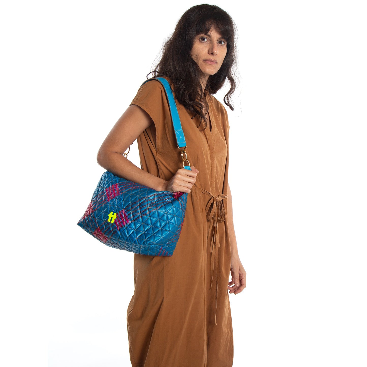 Bolsa Media Matelasse Tartan Blue Note Azul