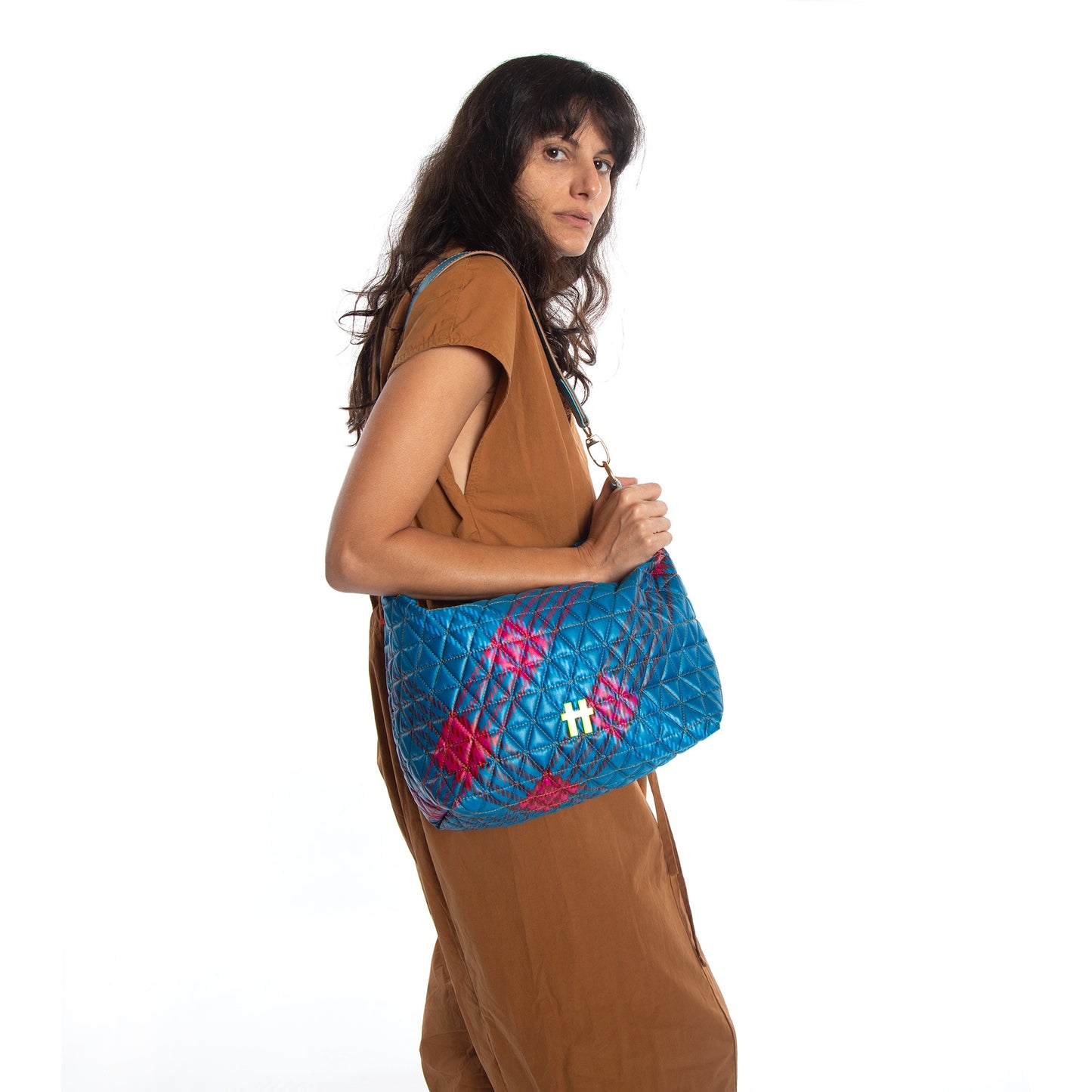 Bolsa Media Matelasse Tartan Blue Note Azul